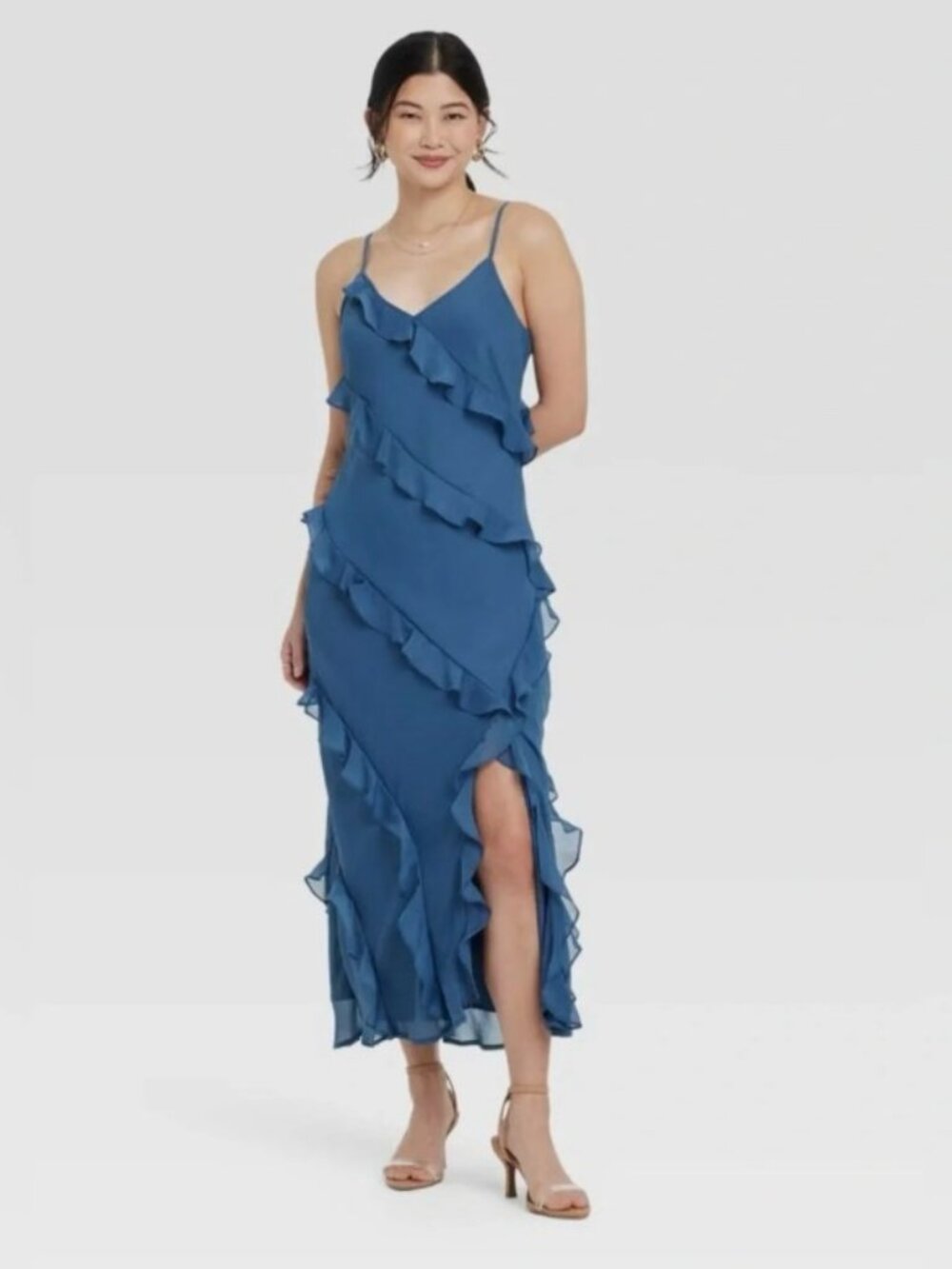 A New Day Blue Ruffles Adjustable Straps Slit Maxi NWT 4X Special Occasion Dress